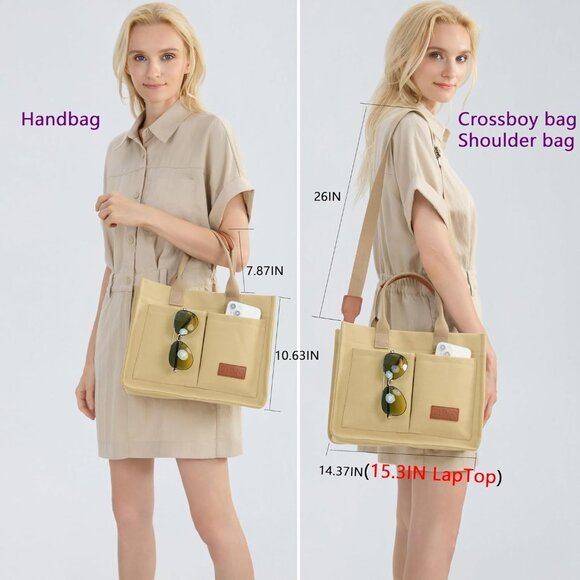 Women's Khaki Imported Canvas Laptop Crossbody Work Large Tote Handbags - Picture 3 of 8